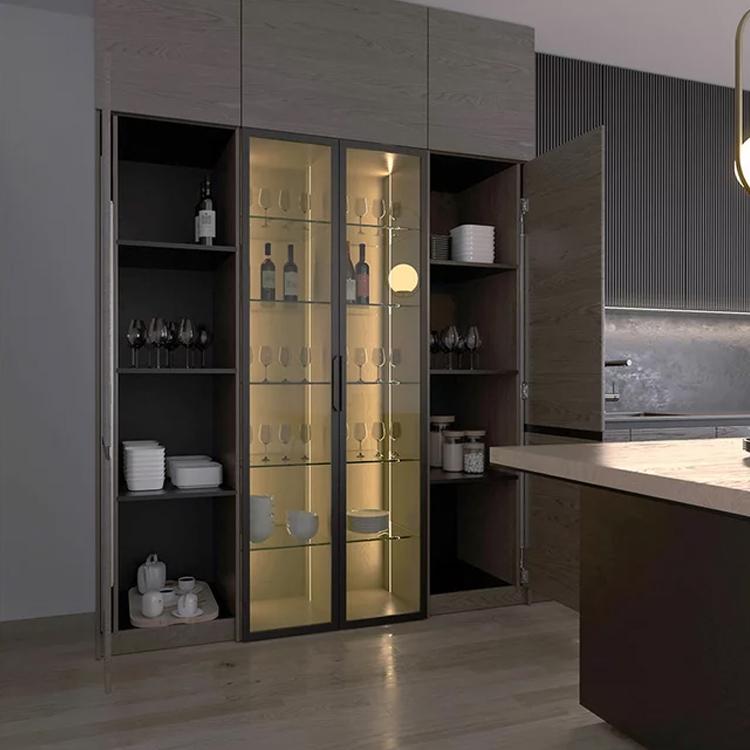 a kitchen with a glass cabinet